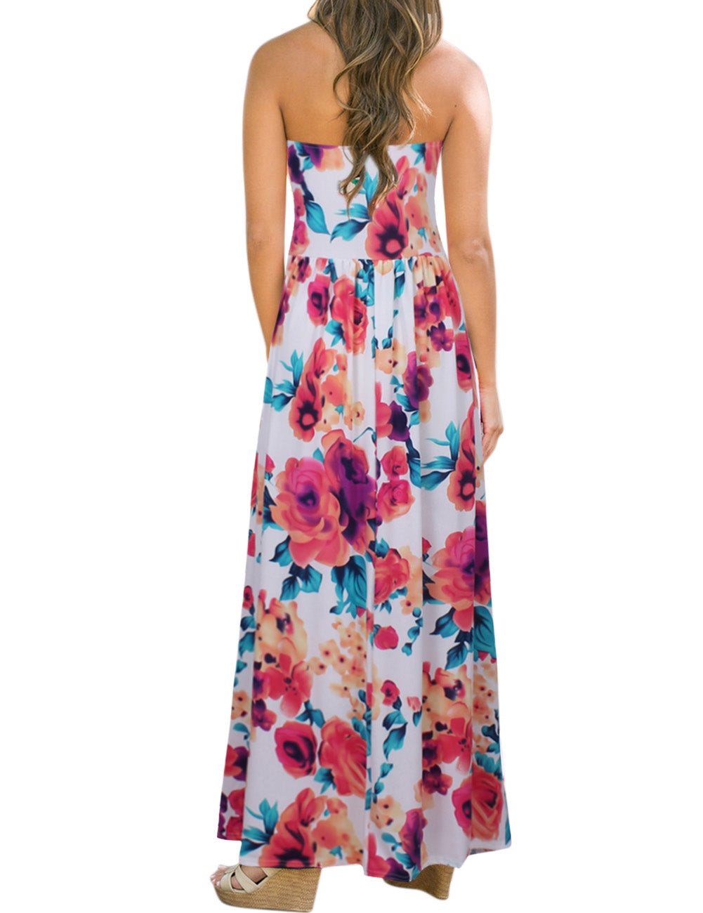 YESFASHION Women Ruched Strapless Maxi Vintage Floral Print Long Dress
