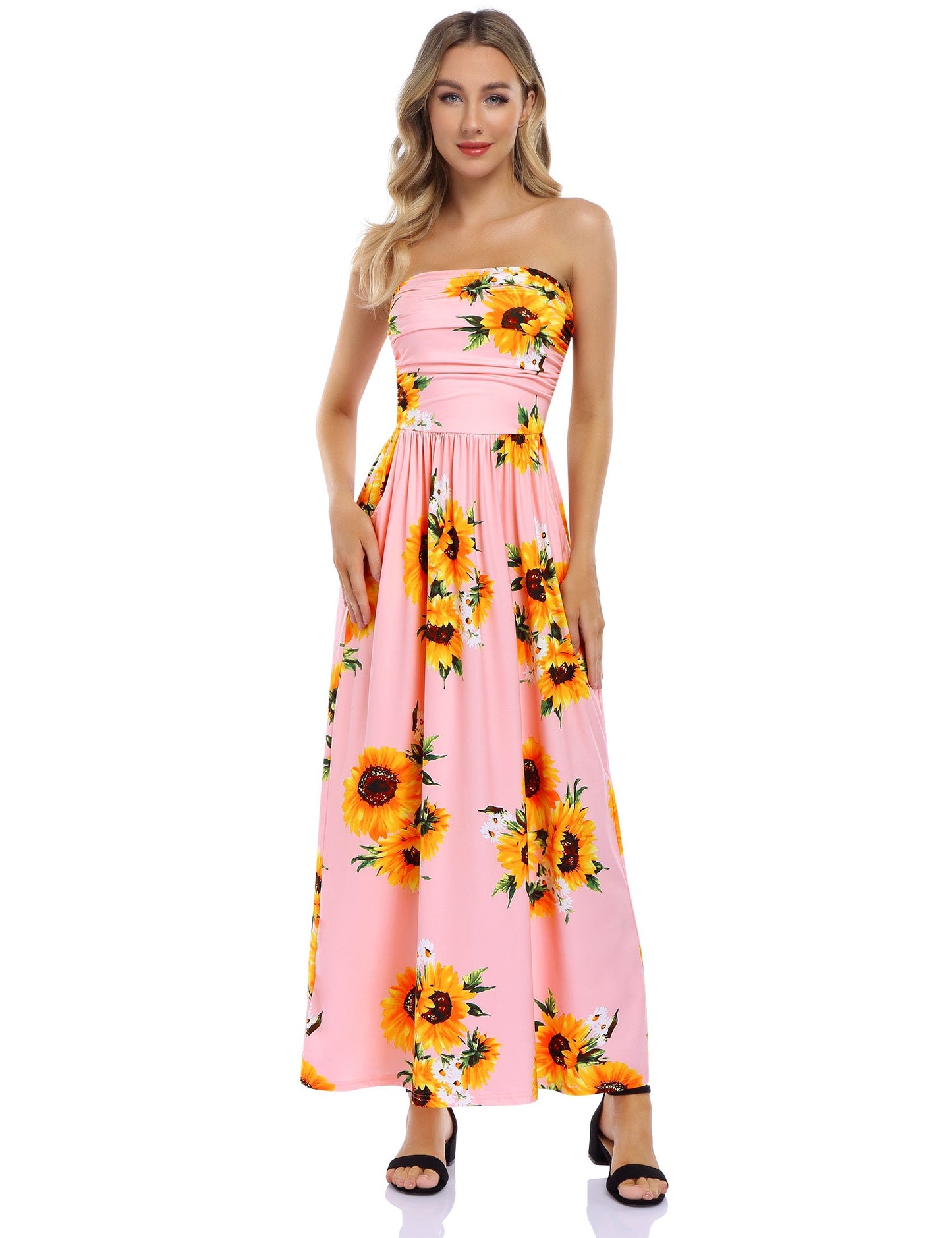 YESFASHION Women's Strapless Graceful Floral Party Maxi Long Dress Black