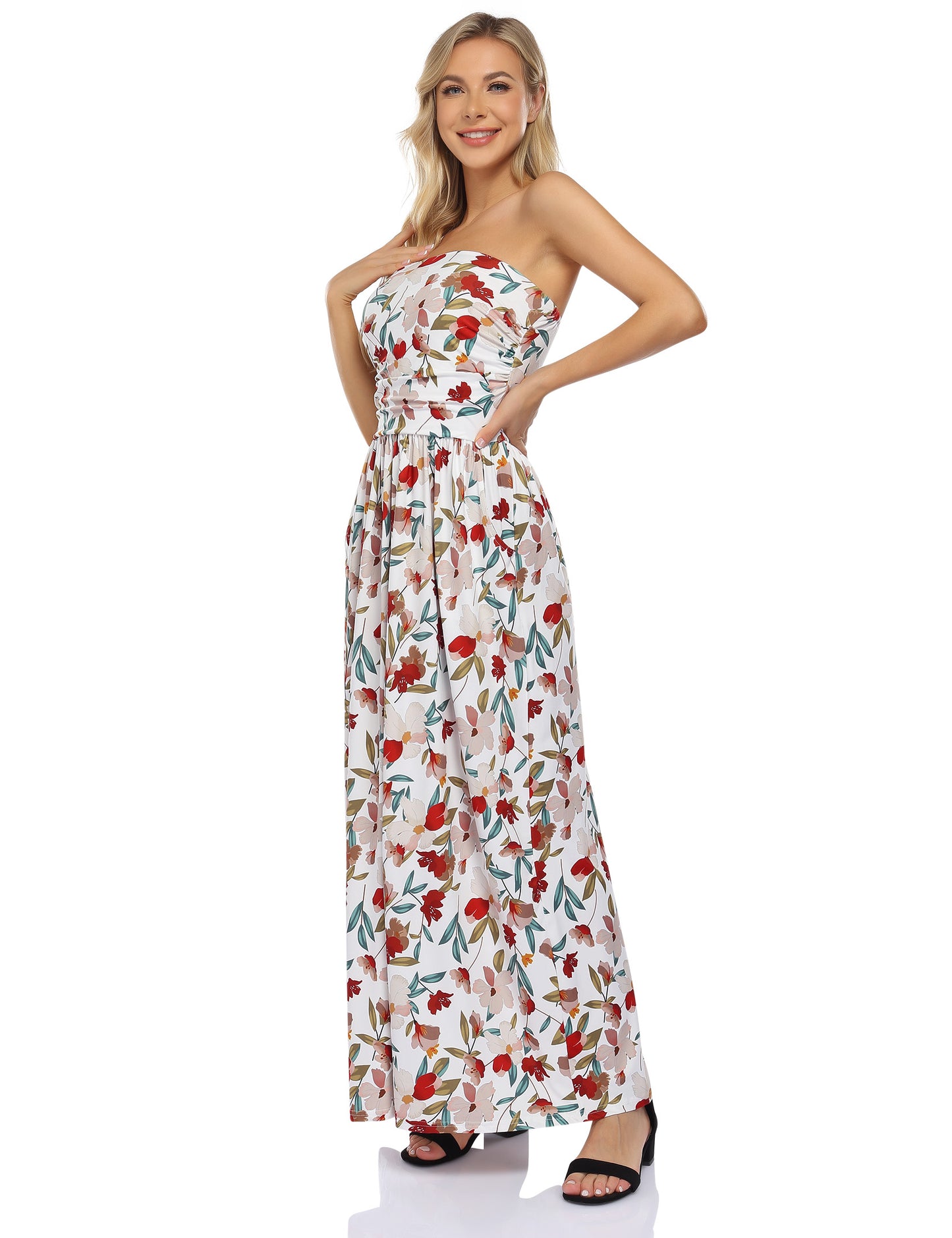 YESFASHION Women's Strapless Graceful Floral Party Maxi Long Dress Flower White