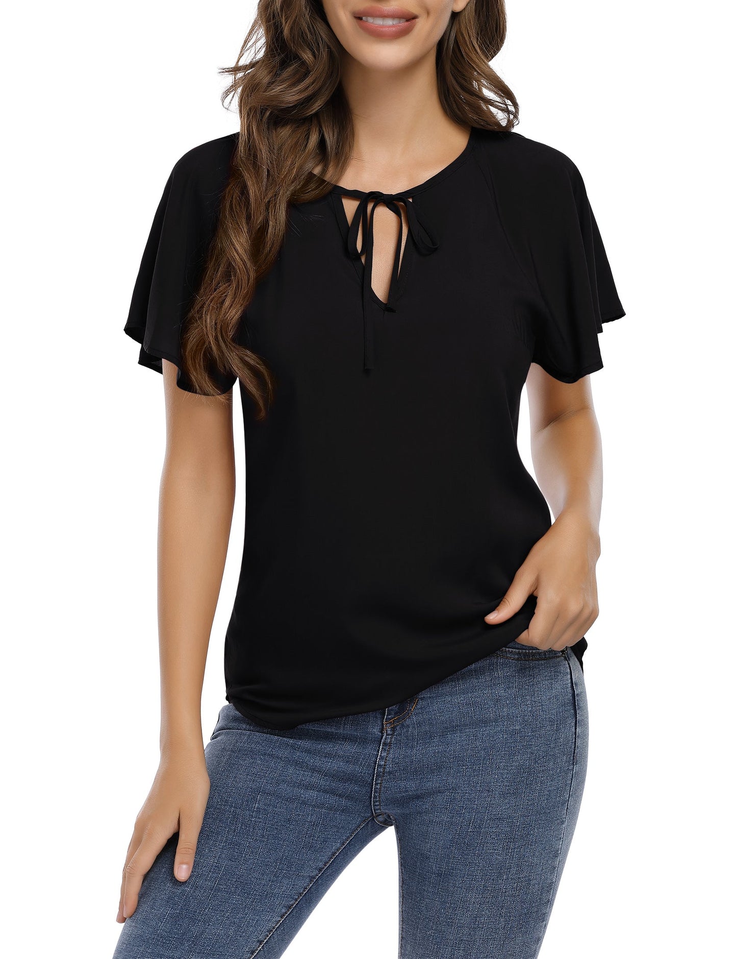 YESFASHION Women's V Neck Top Short Ruffle Drawstring Shirt Black