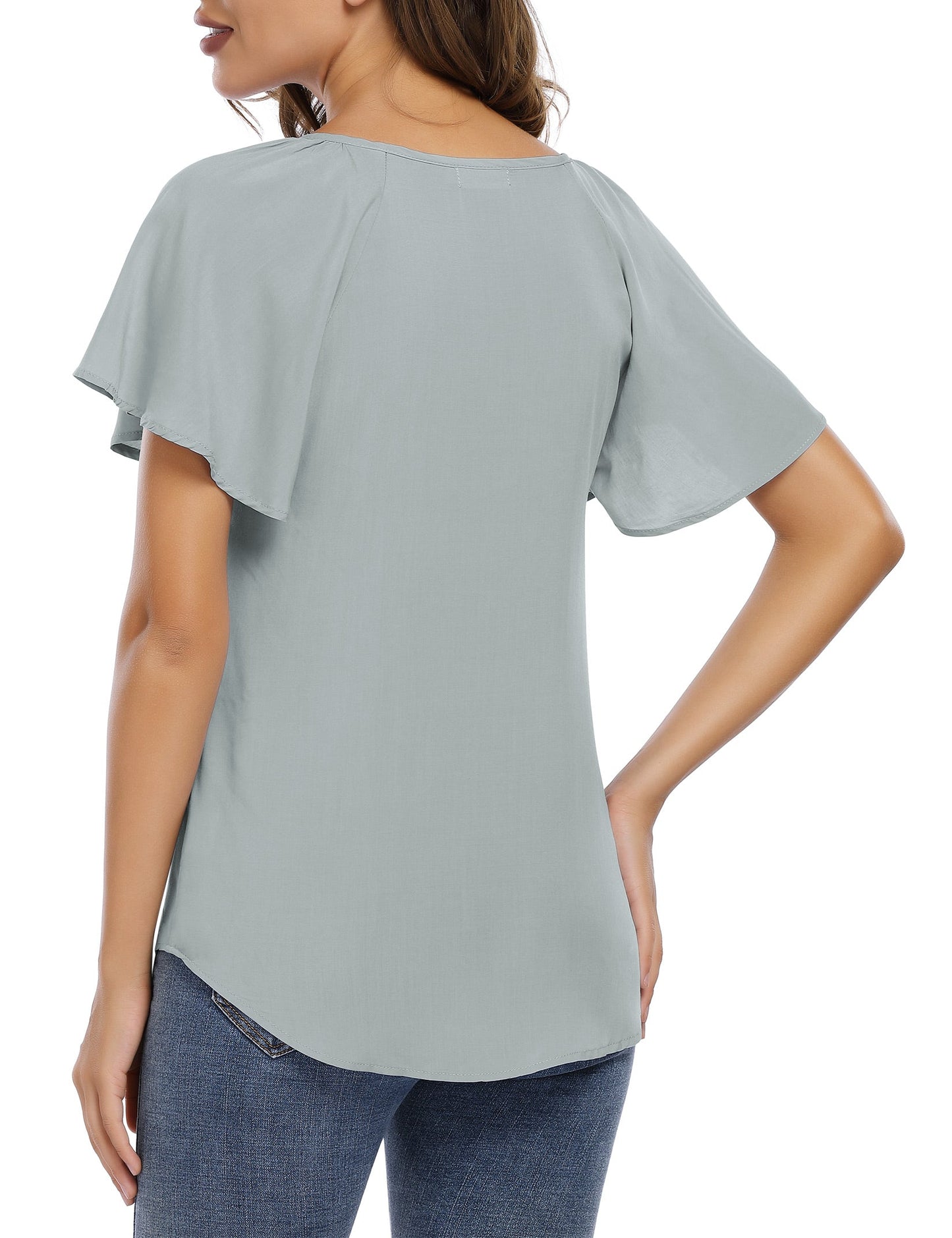 YESFASHION Women's V Neck Top Short Ruffle Drawstring Shirt Grey