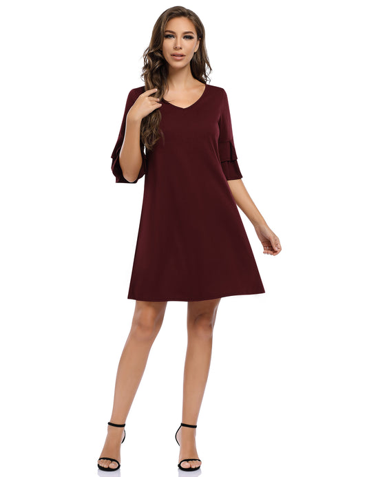 YESFASHION Women's Swing V Neck Ruffle Shift Dress