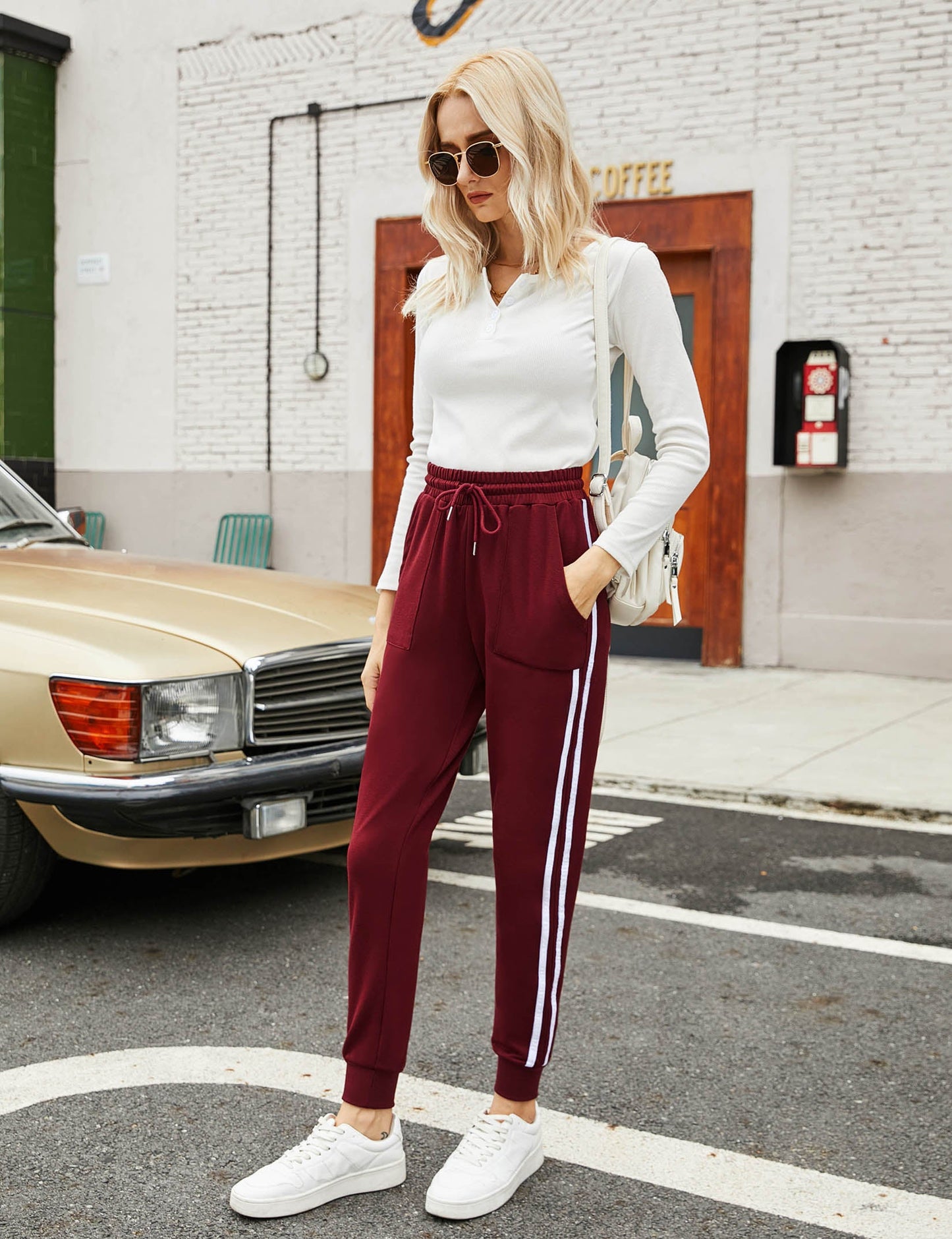 YESFASHION Women's Pockets Casual Sports Pants Wine Red