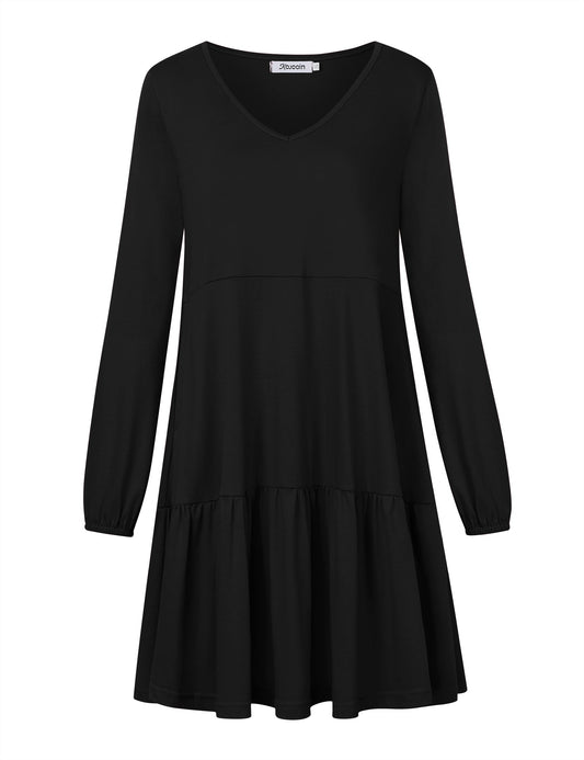 YESFASHION Women's V Neck Layered Dress Long Sleeve Dress Black