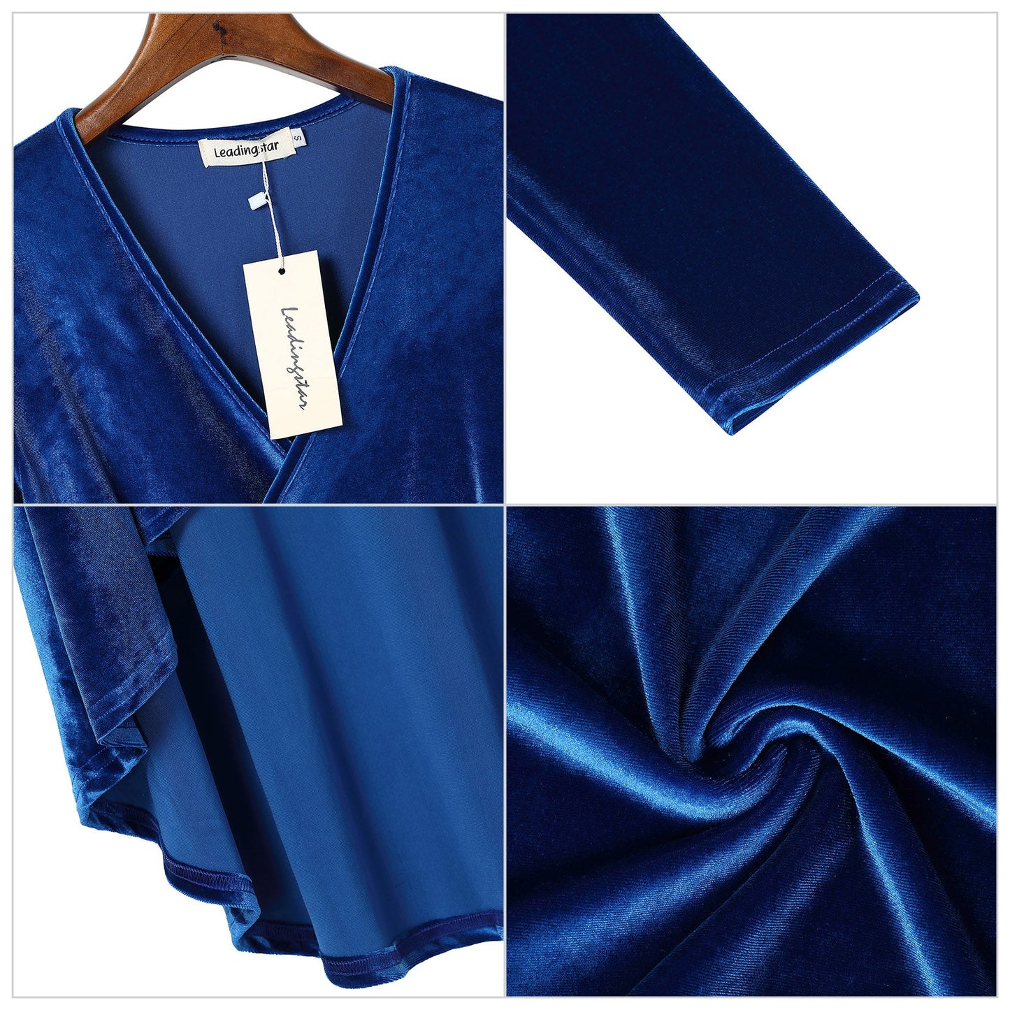 YESFASHION Women Velvet V-Neck Long Sleeve Empire Party Dress Blue