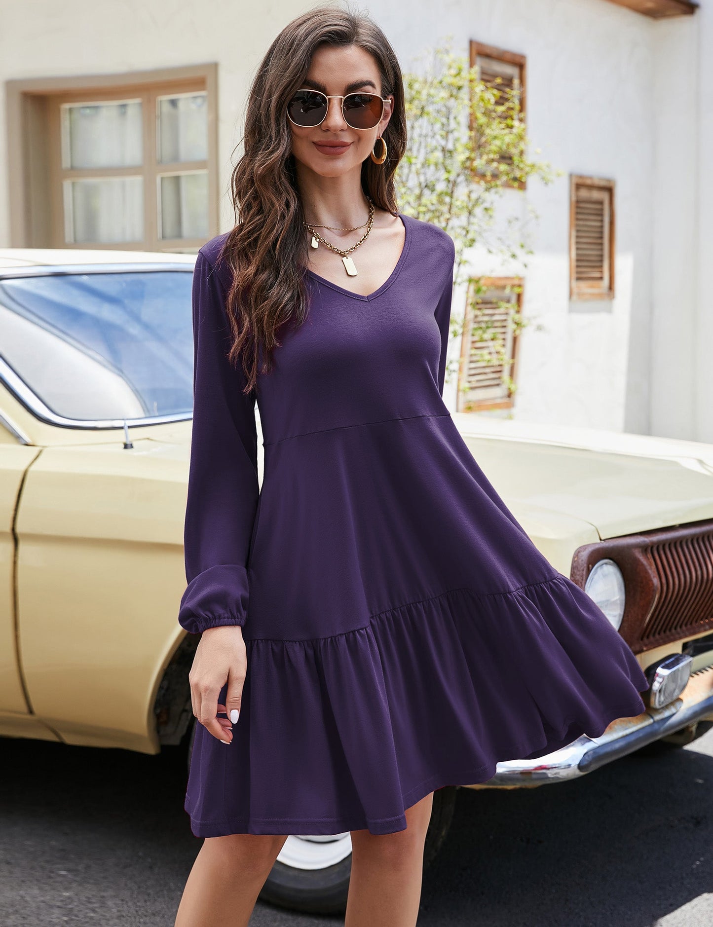 YESFASHION Women's V Neck Layered Dress Long Sleeve Dress Purple