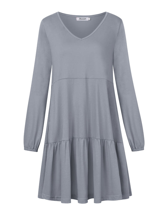YESFASHION Women's V Neck Layered Dress Long Sleeve Dress Grey