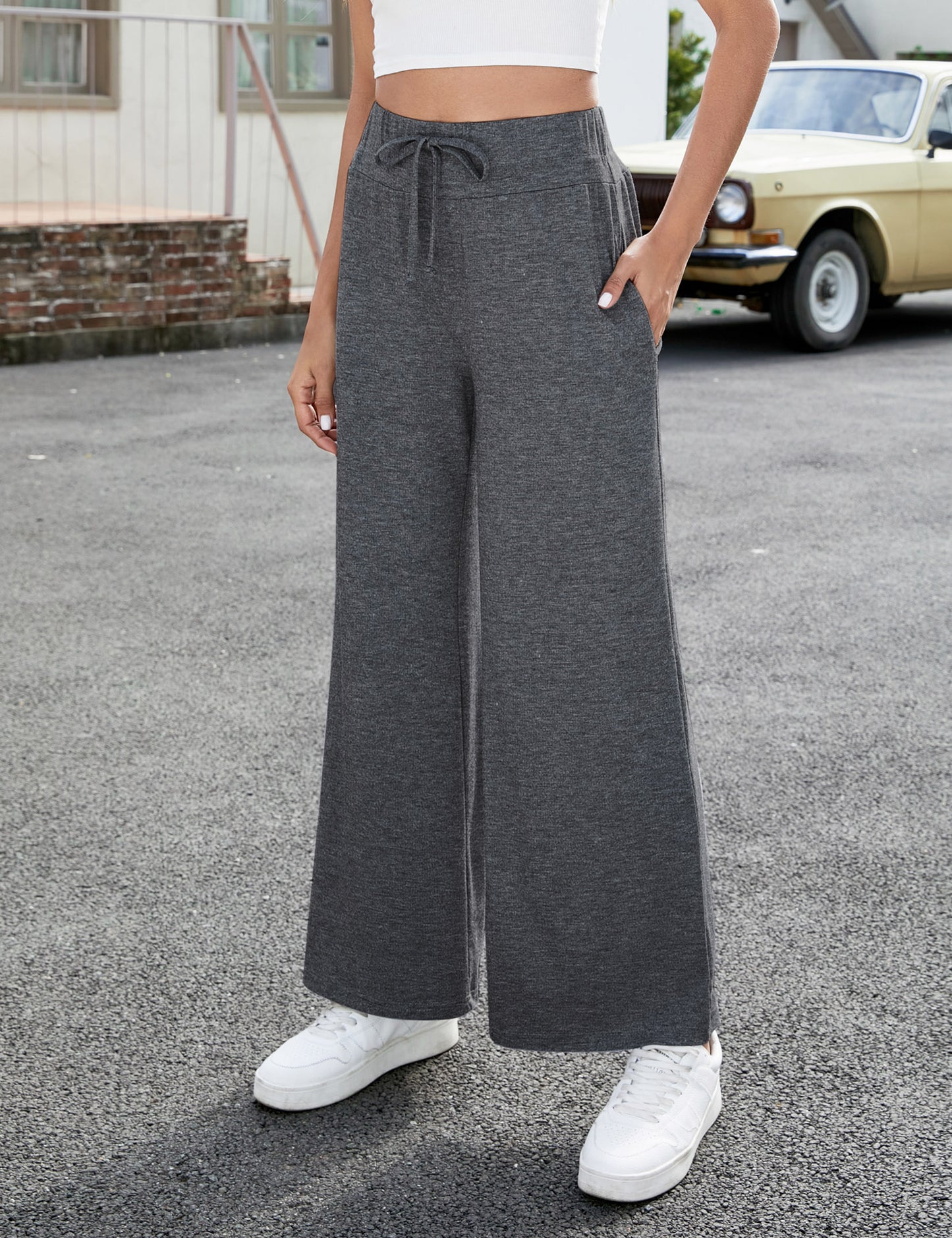 YESFASHION Women's Yoga Pants with Pockets Drawstring Pants Grey