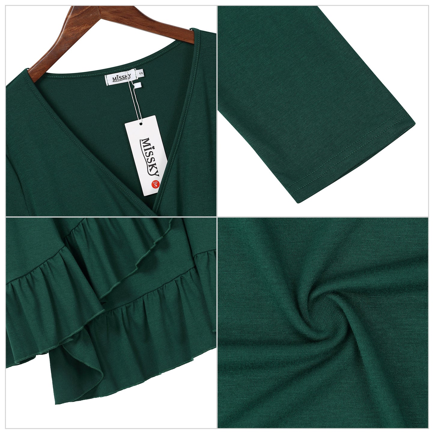 YESFASHION Women's Wrap Dress 3/4 Sleeve Ruffle Midi Dress Green