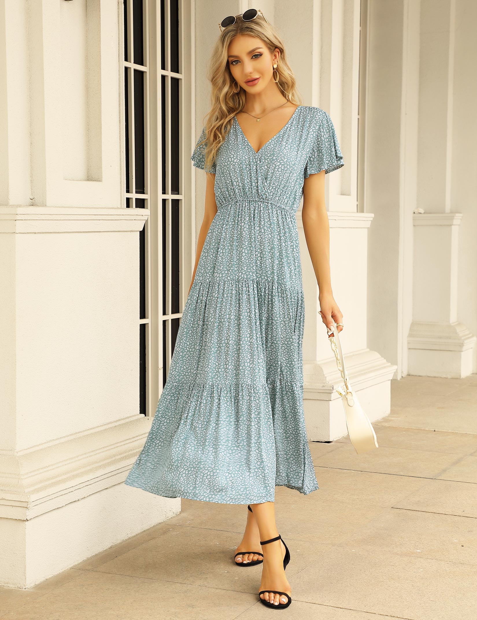 boho layered dress AMILIEe Women Boho Floral Puff Sleeve Tiered Maxi Dress, Casual Layered Long Beach Dress