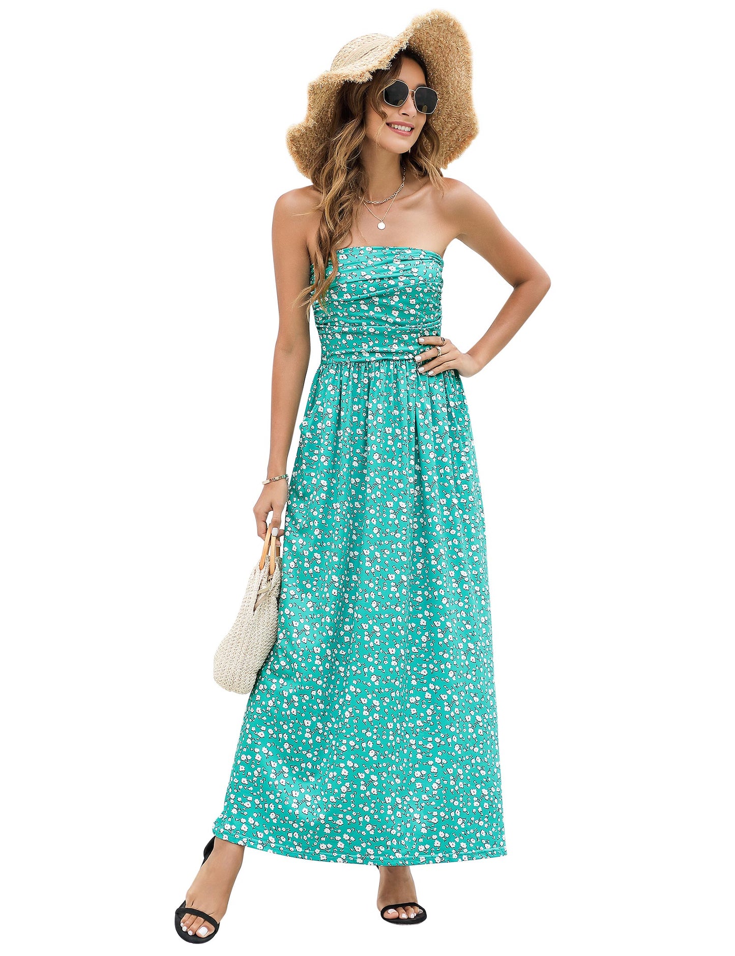YESFASHION Women's Strapless Graceful Floral Maxi Long Dress