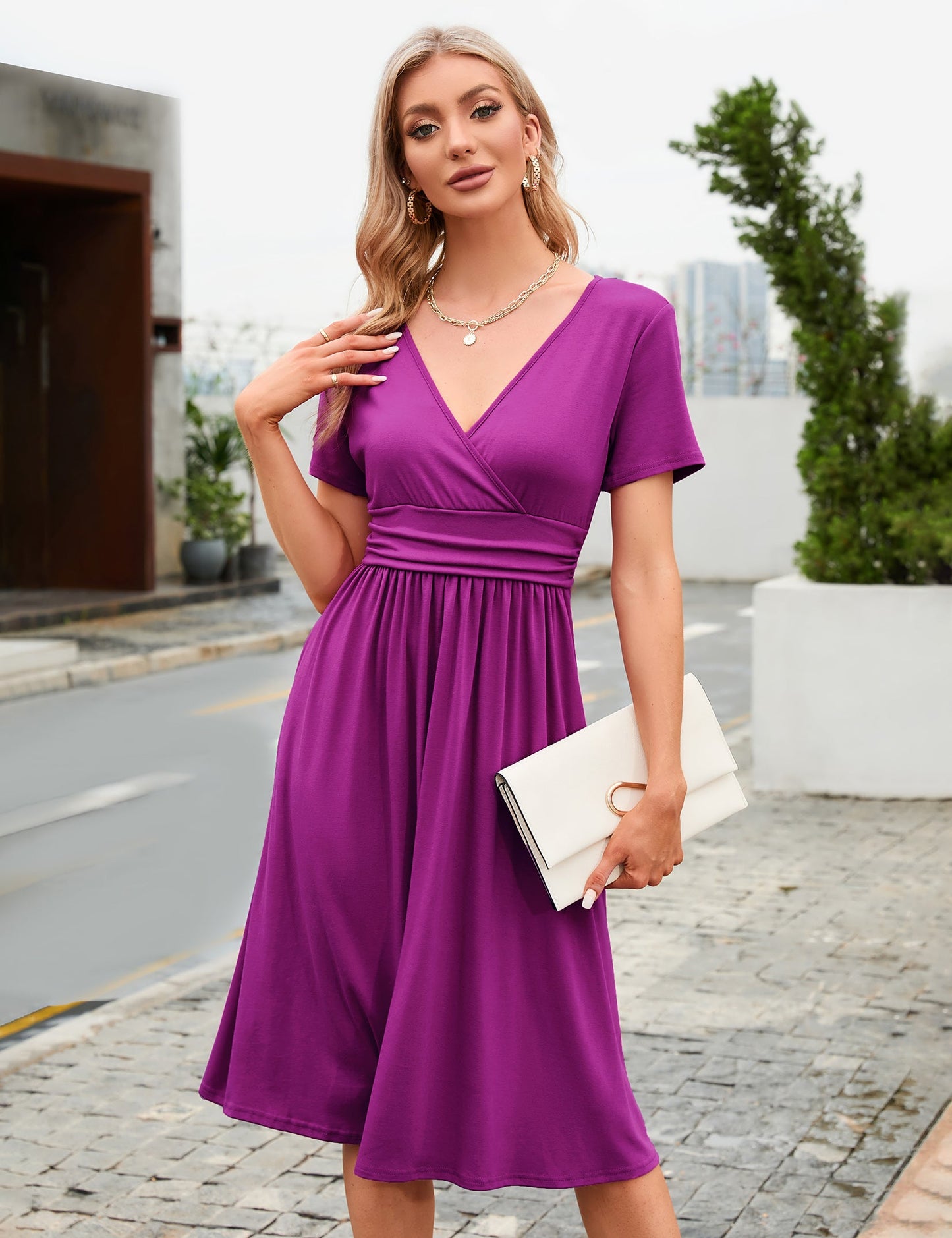 YESFASHION Women's V-neck Casual Dress Vintage Purple