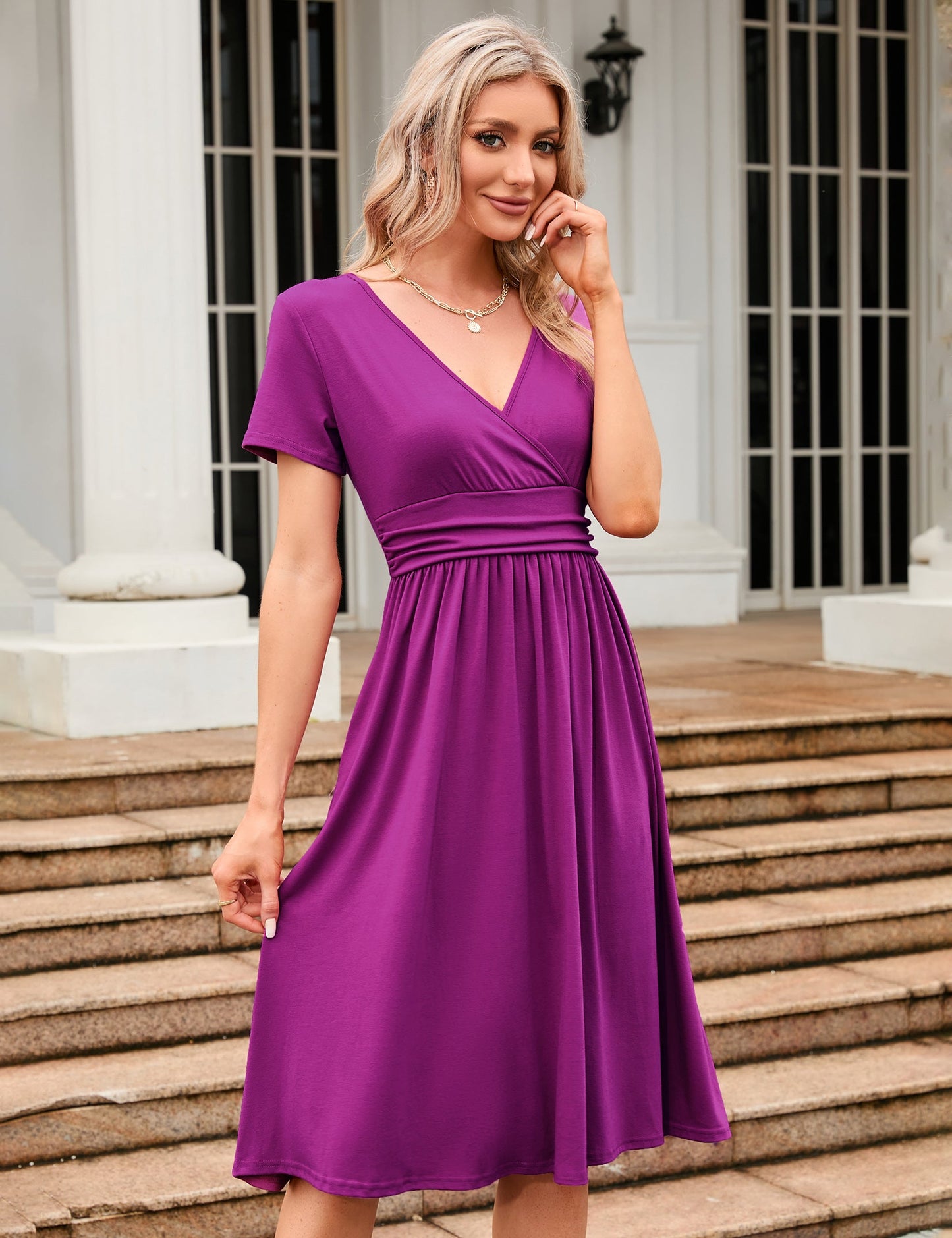 YESFASHION Women's V-neck Casual Dress Purple
