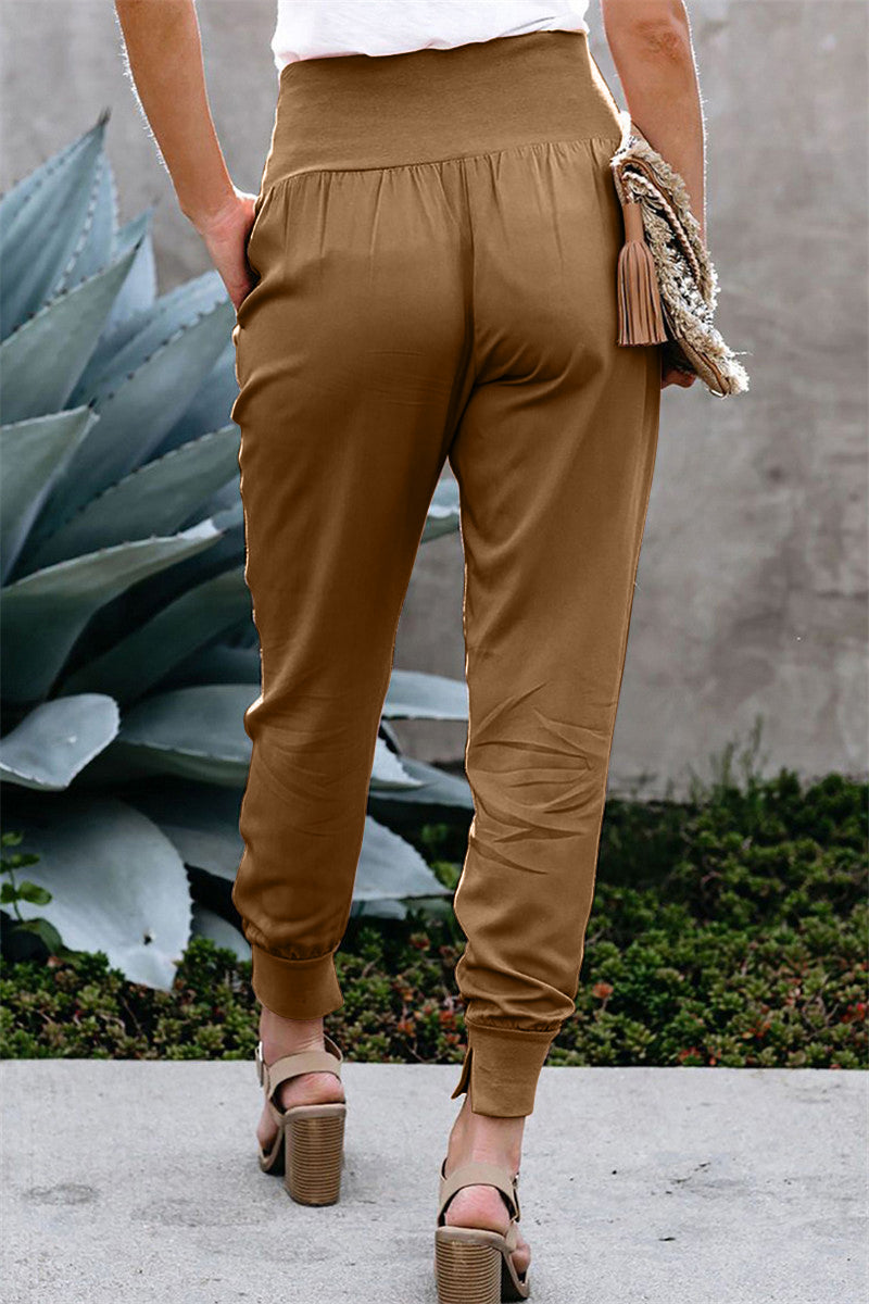 YESFASHION Solid Color Women High Waist Pants Slit Casual Pants