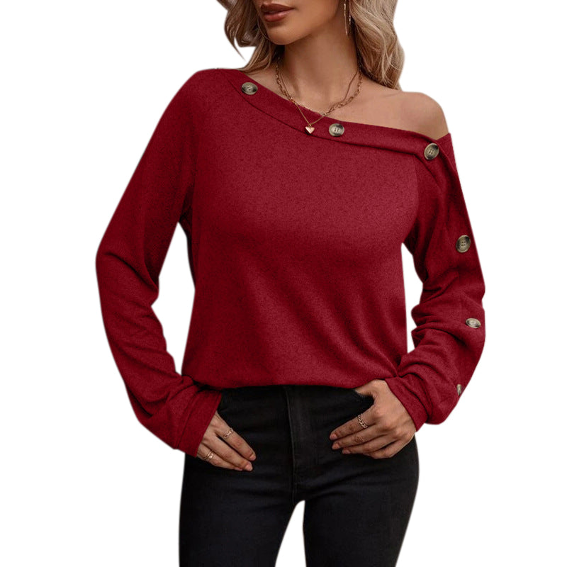 YESFASHION Women Button Off-the-shoulder Long-sleeved Tops