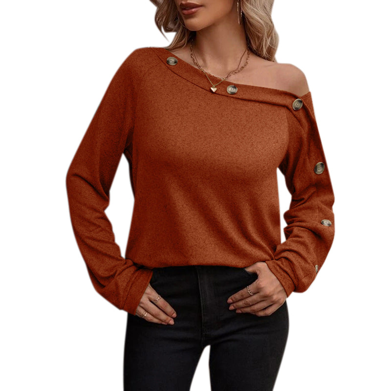YESFASHION Women Button Off-the-shoulder Long-sleeved Tops