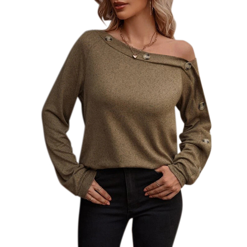 YESFASHION Women Button Off-the-shoulder Long-sleeved Tops