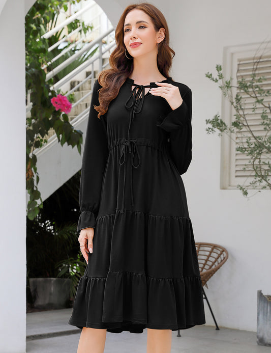 YESFASHION Casual V Neck Polka Dot Puff Sleeve Ruffles Dress Black