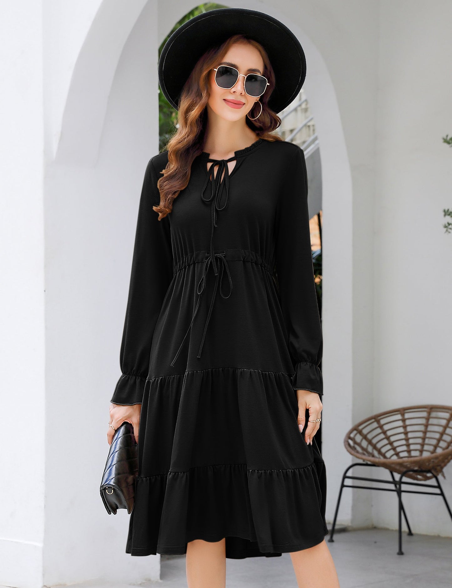 YESFASHION Casual V Neck Polka Dot Puff Sleeve Ruffles Dress Wine Red