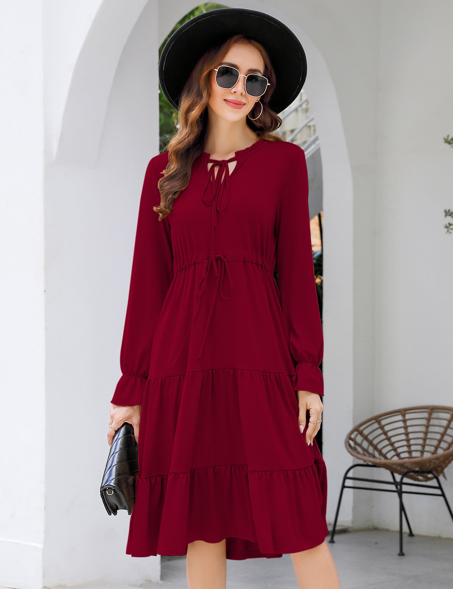 YESFASHION Casual V Neck Polka Dot Puff Sleeve Ruffles Dress Blue