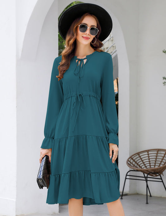YESFASHION Casual V Neck Polka Dot Puff Sleeve Ruffles Dress Green