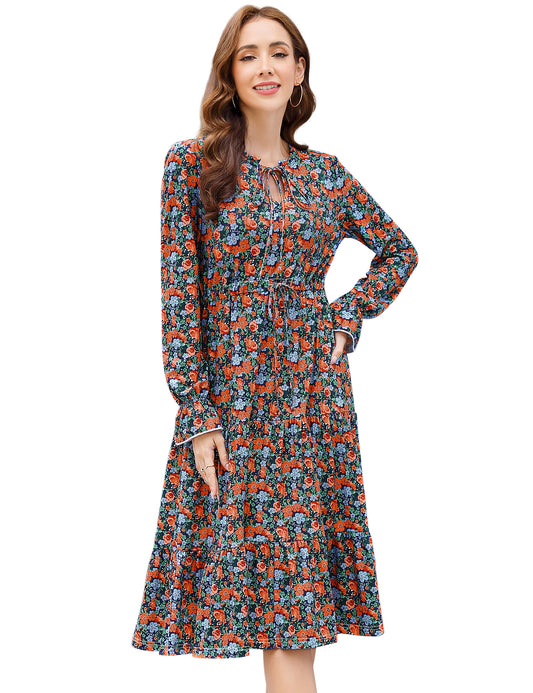 YESFASHION Casual V Neck Polka Dot Puff Sleeve Ruffles Dress Blue