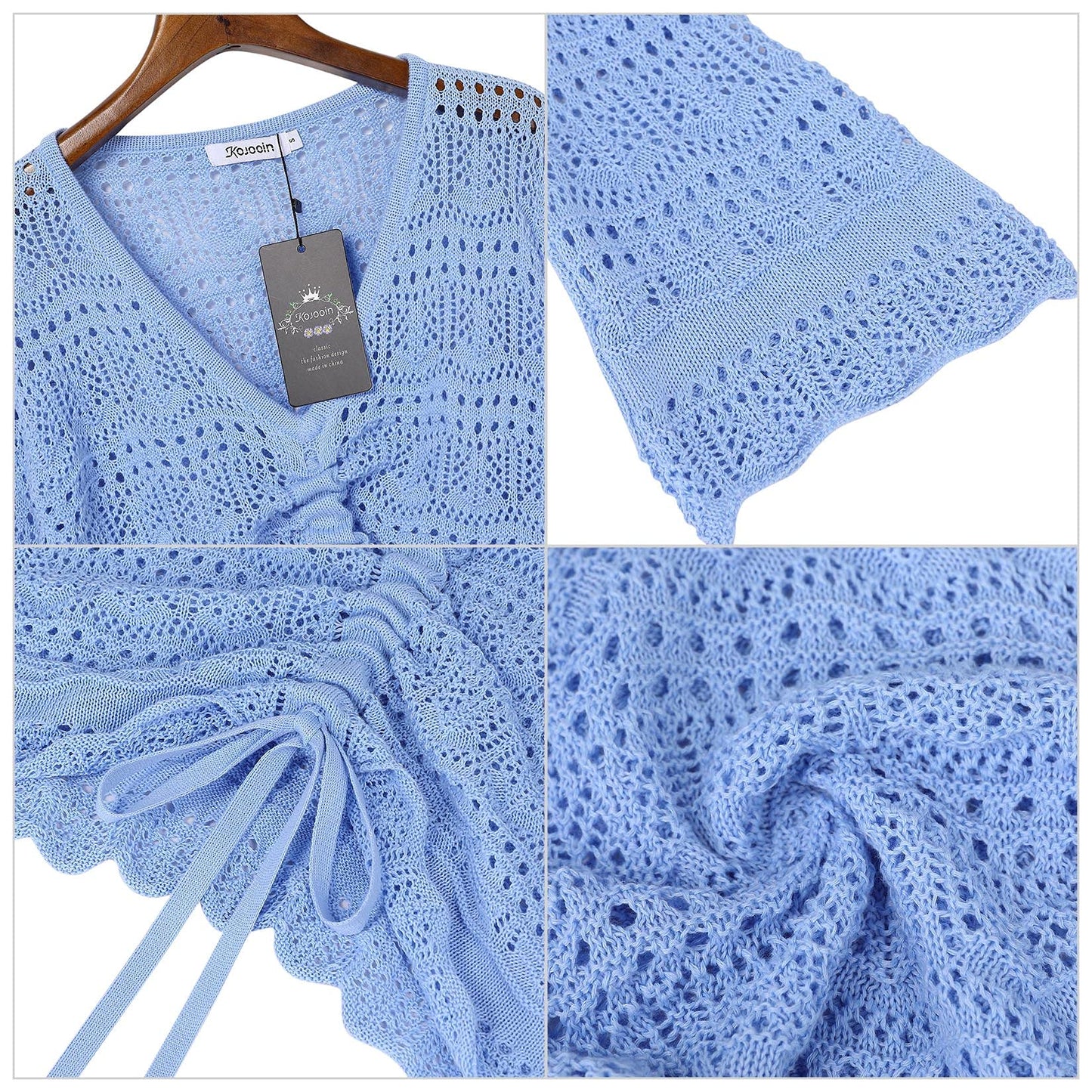 YESFASHION Drawstring Knitted Blouse Women Adjustable Crochet Tops Blue