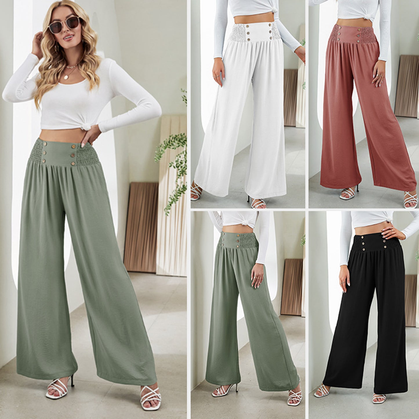 YESFASHION Women High Waist Wide Leg Pants Loose Fit
