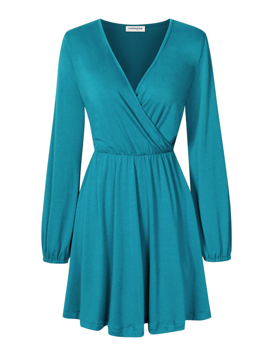 YESFASHION Women V-Neck A-Line Solid Plain Party Casual Mini Dress Blue Green