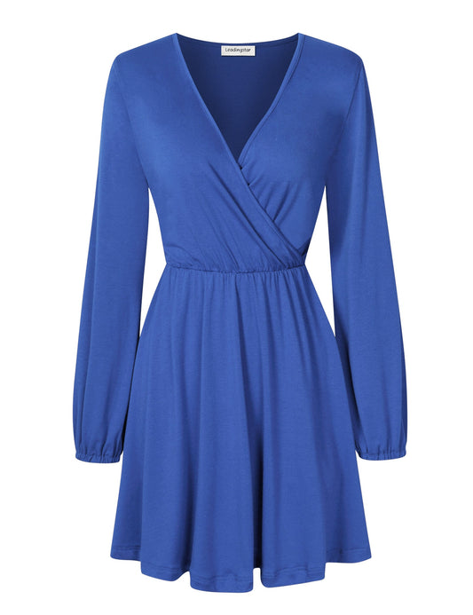 YESFASHION Women V-Neck A-Line Solid Plain Party Casual Mini Dress Blue