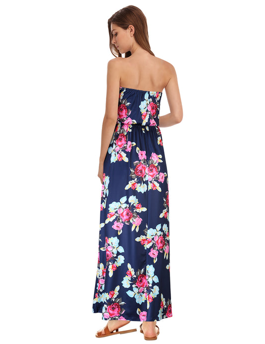 YESFASHION Women's Strapless Graceful Floral Party Maxi Long Dress Dark Blue