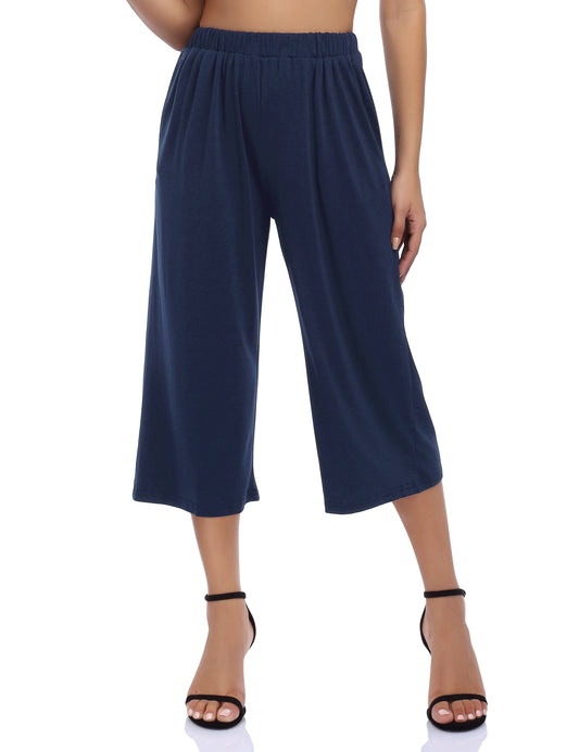 GLORYSUNSHINE Women's Elastic Waist Solid Wide Leg Pants Blue