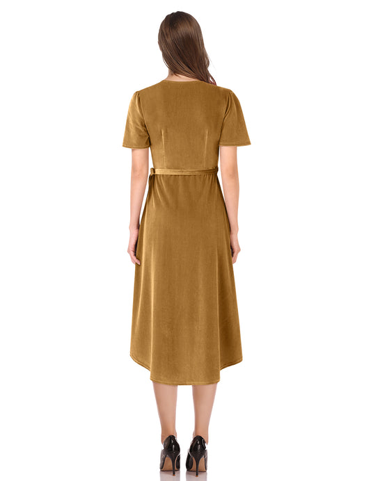YESFASHION Women Velvet V-Neck Short Sleeve Empire Party Midi Dress Gold
