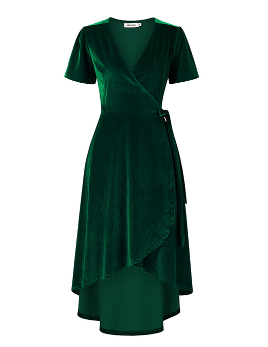 YESFASHION Women Velvet V-Neck Short Sleeve Empire Party Midi Dress