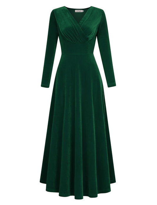 YESFASHION Women's V-Neck Velvet Smart Formal Party Maxi Dress Green