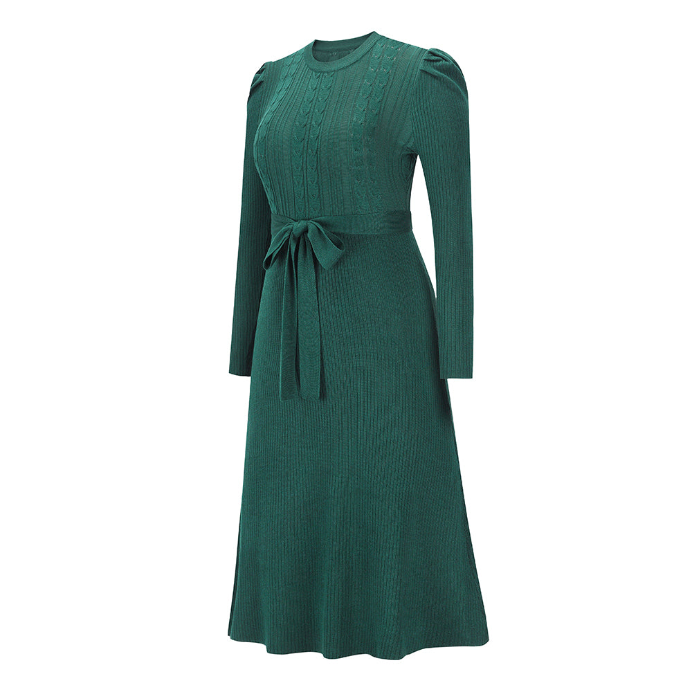 YESFASHION Puff Long Sleeve Knitted Midi Skirt Dress