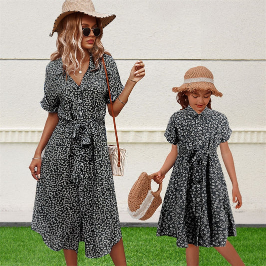YESFASHION Button Waist Strap Slit Parent-child Summer Dress