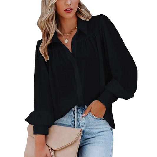Women Button Up Top Lantern Sleeve Pleated Solid Color Stand Collar Loose Long Sleeve Shirt