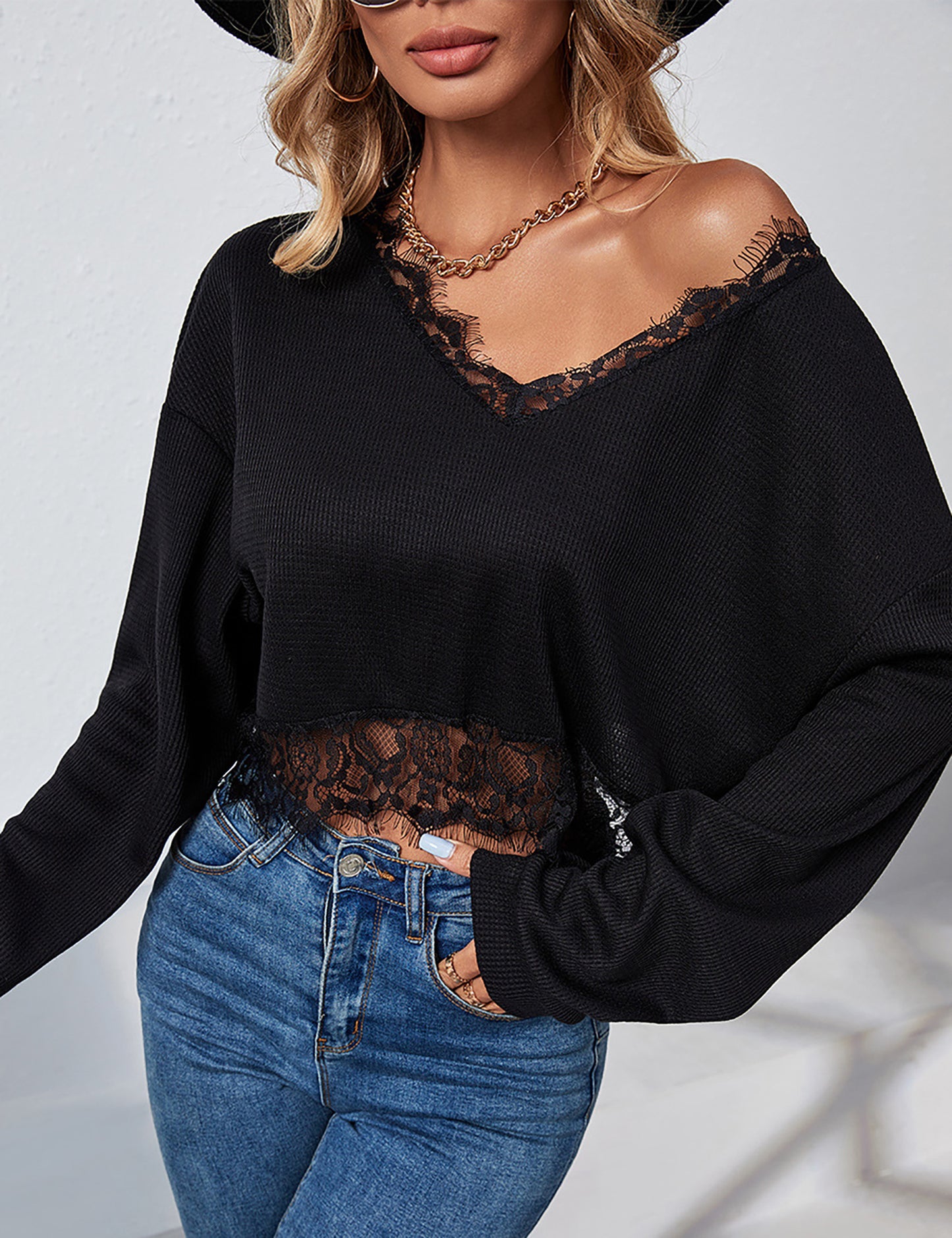 YESFASHION Casual Solid Color Lace V-neck Short Long-sleeved Tops
