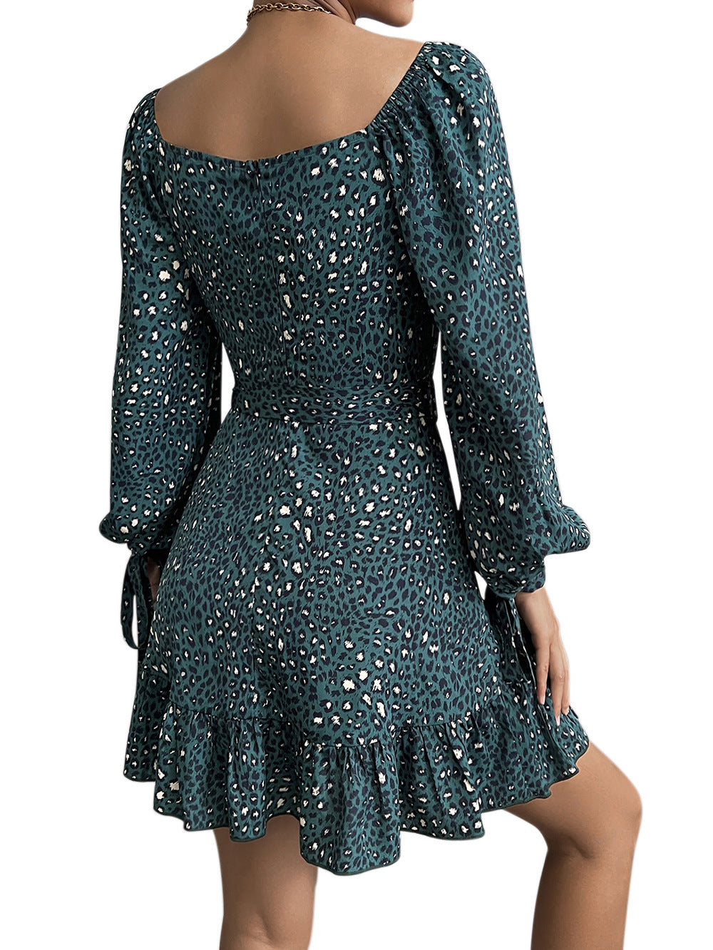 YESFASHION New V-neck Sequins Lace-up Skirt Long-sleeved Dress
