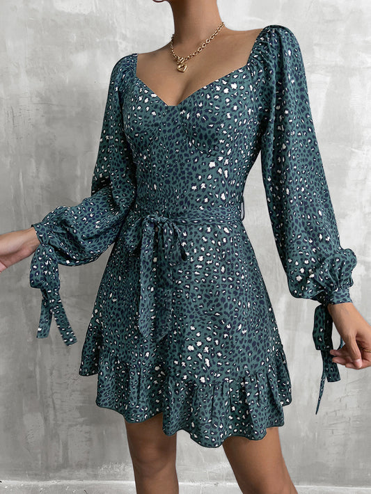 YESFASHION New V-neck Sequins Lace-up Skirt Long-sleeved Dress