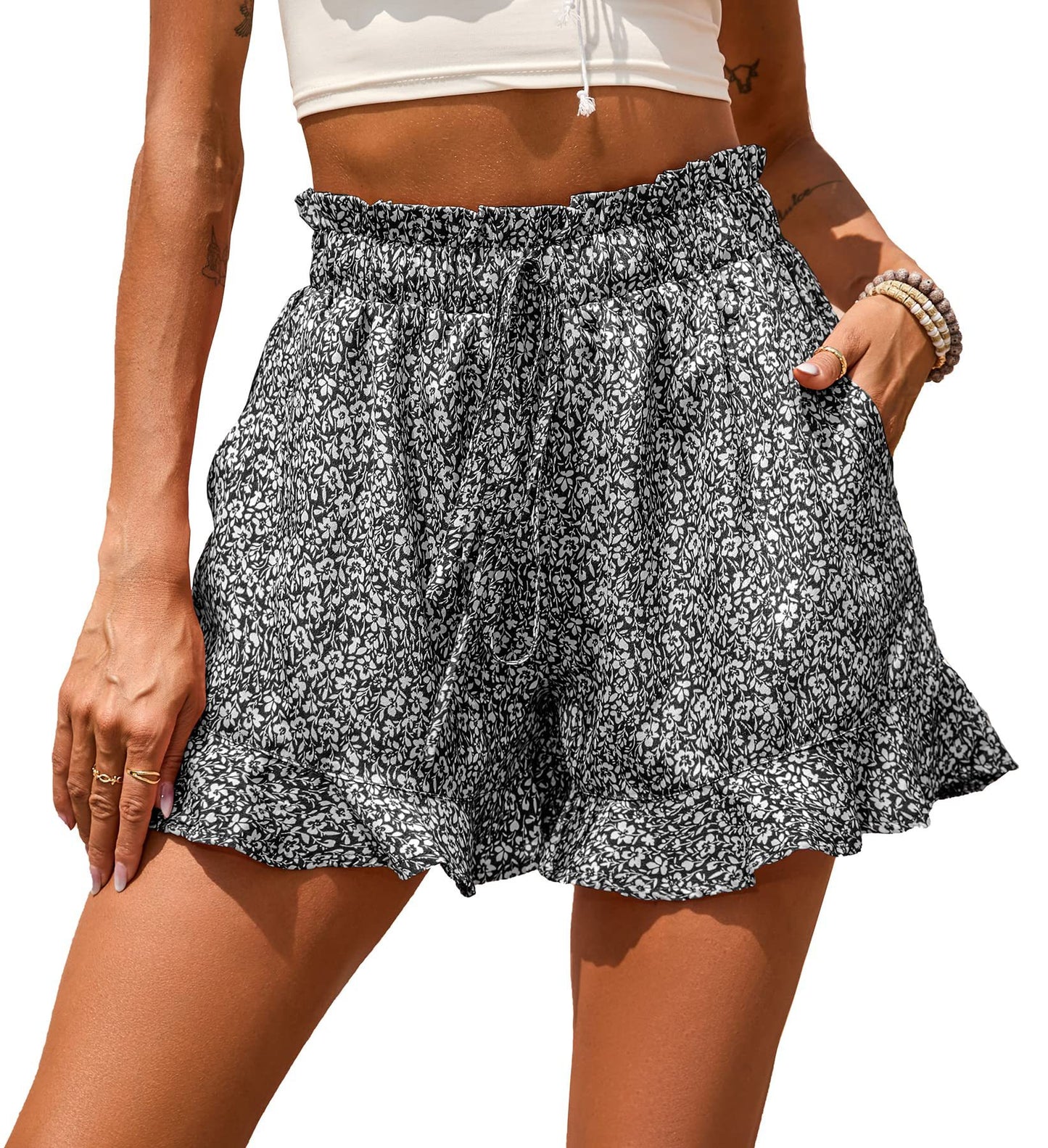 Summer Women Clothing Chiffon Printed Casual Pocket Waist Shorts