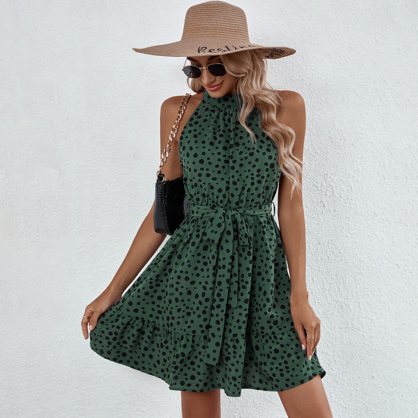 YESFASHION Women Clothing Halter Neck Small High-neck Floral Dress