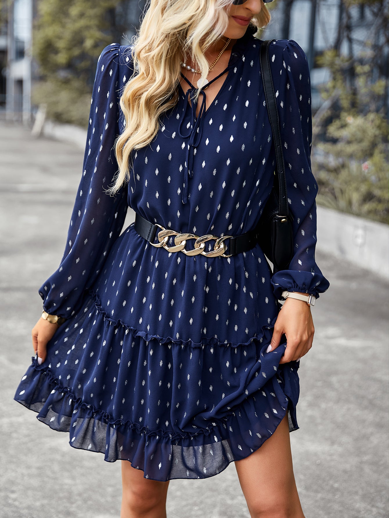 V-neck Sexy Waist Dress Autumn Winter Long-sleeved A-line Skirt Women