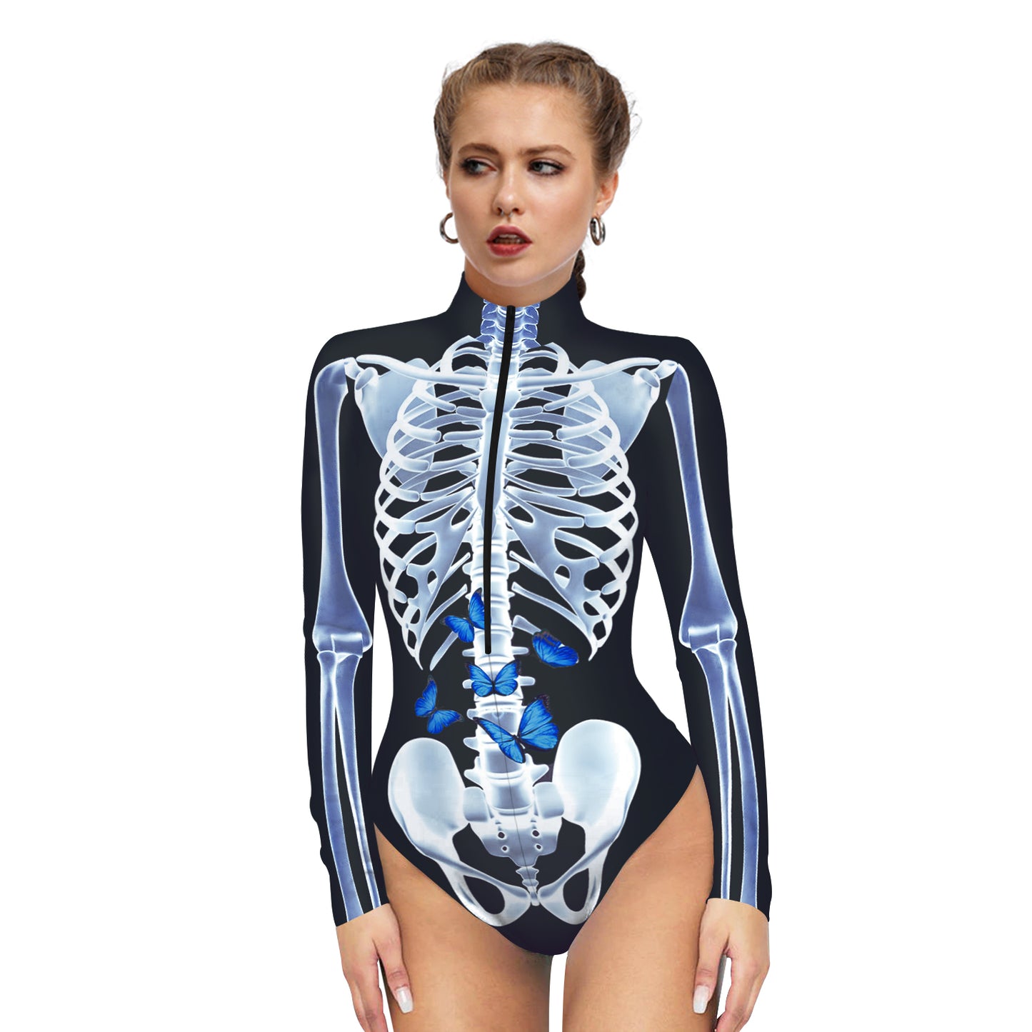 Halloween Skull Digital Print Ladies Zip Tight Long Sleeve Jumpsuit Leggings Button Open