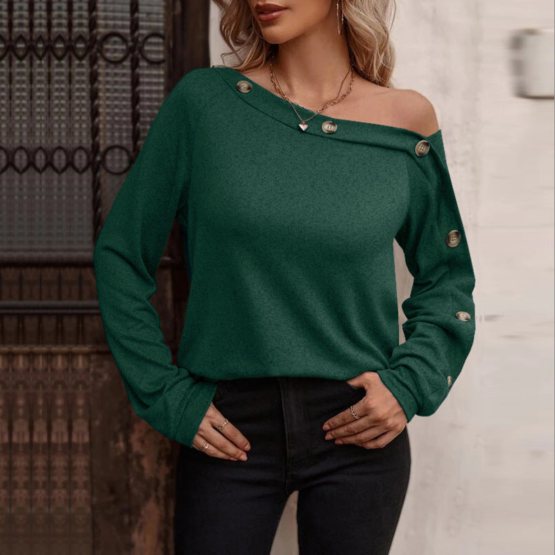 YESFASHION Women Button Off-the-shoulder Long-sleeved Tops