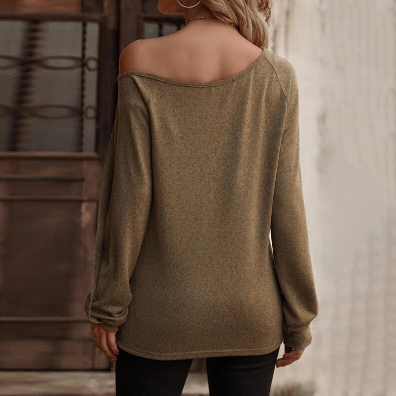 YESFASHION Women Button Off-the-shoulder Long-sleeved Tops