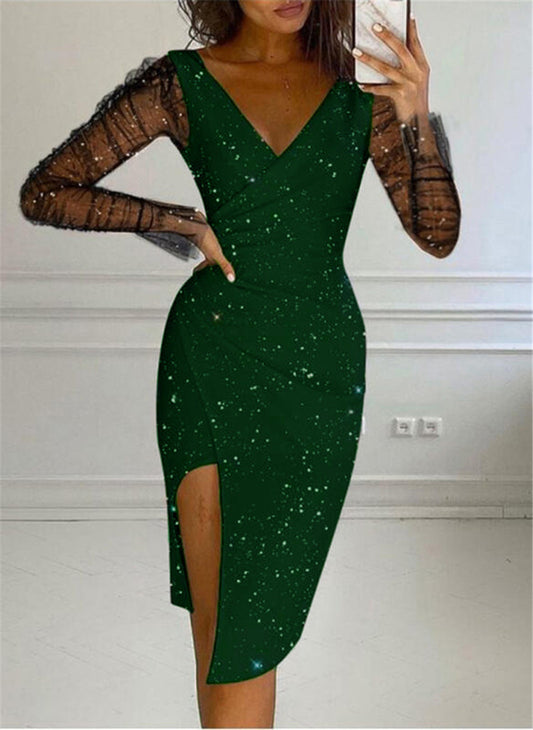 Women Sequins V-neck Pack Hip Sexy Mesh Dress Dress Women