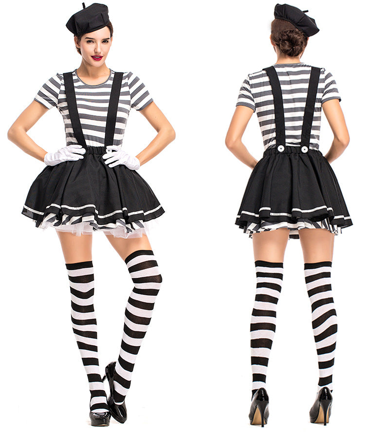 YESFASHION Women Mime Costume Silent Actor Clown Costume