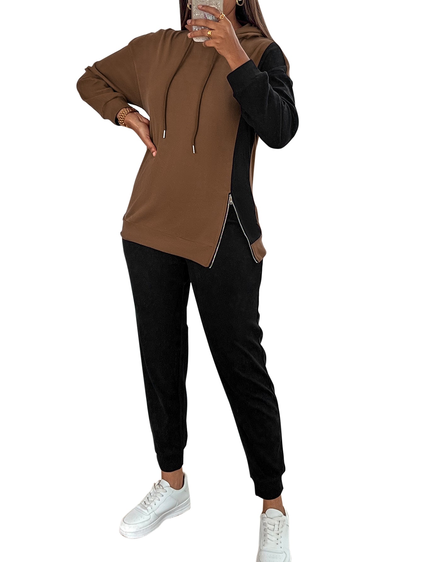 YESFASHION Women Zipper Colorblock Fashion Hooded Casual Suit